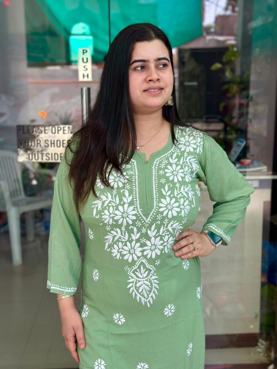 Chikankari Modal Kurti Green