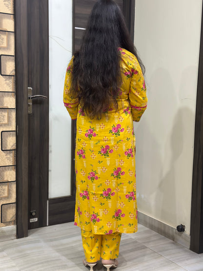 Noor Floral cotton Kurta & Pant Yellow