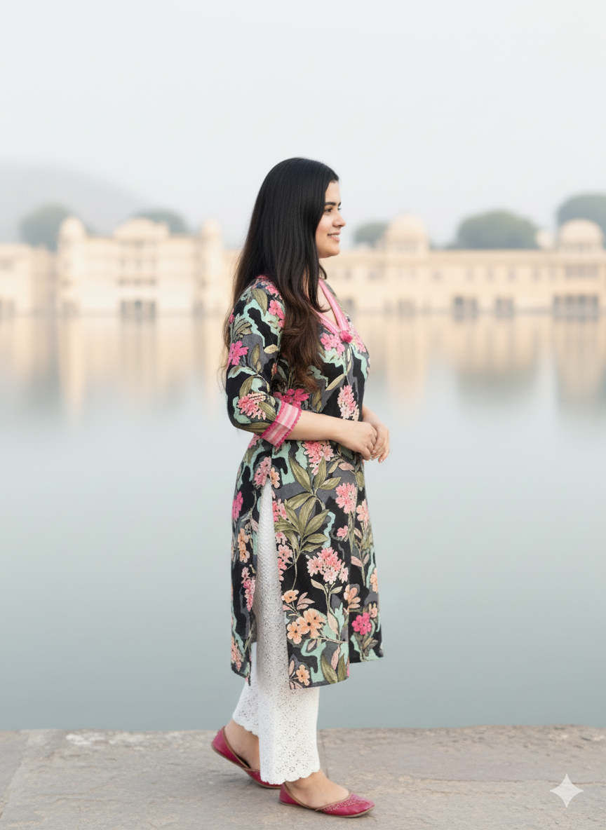 Premium Floral Black Cotton Kurti For Women