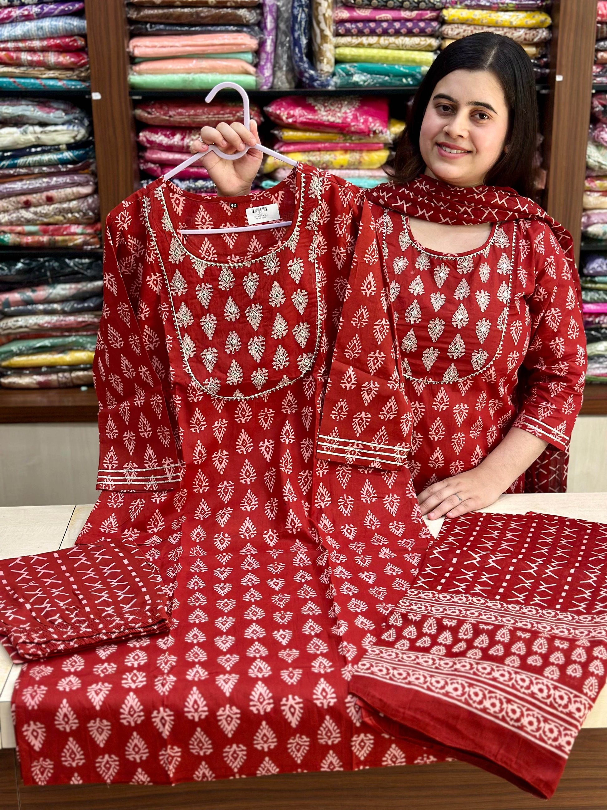 Red Bagru Cotton Suit - Vijay Laxmi