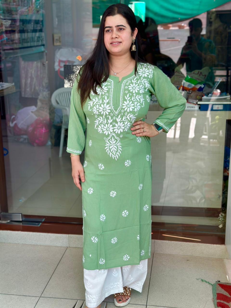 Chikankari Modal Kurti Green