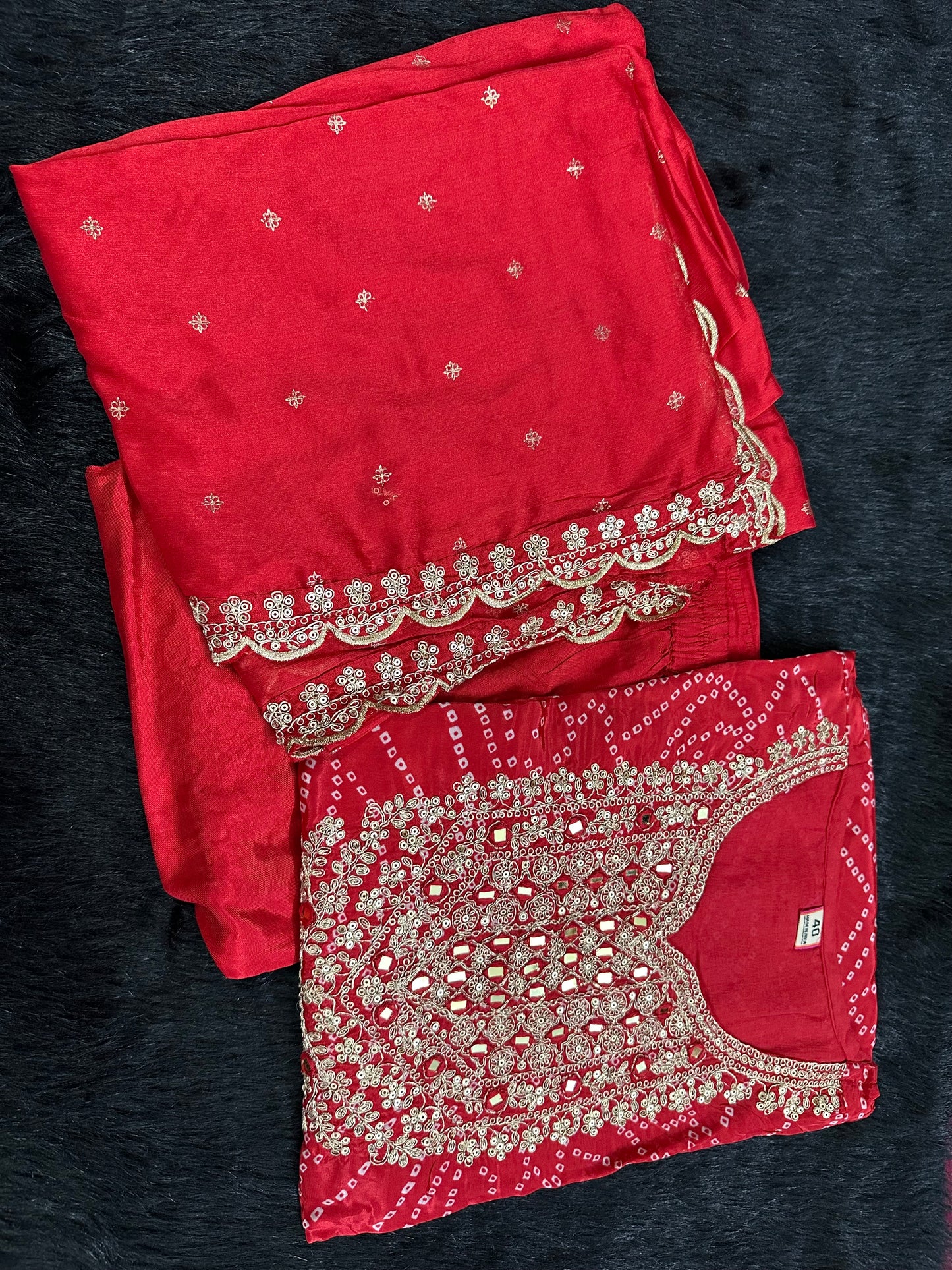 Maharani Handcrafted Bandhej  Embroidery Suit Set Red