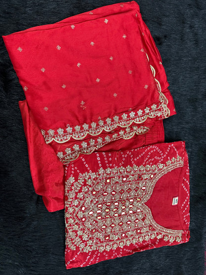 Maharani Handcrafted Bandhej  Embroidery Suit Set Red