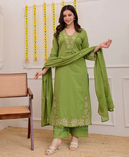 Gaurangi Embroidered Cotton Kurti Pant Dupatta Set – Thread & Lace Green
