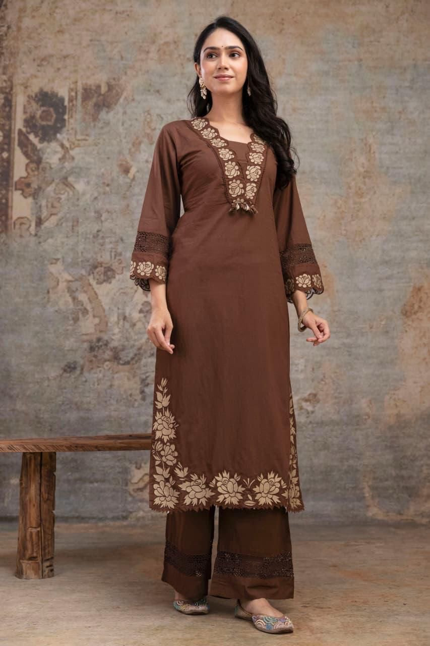 Gaurangi Embroidered Cotton Kurti Pant Dupatta Set – Thread & Lace Brown