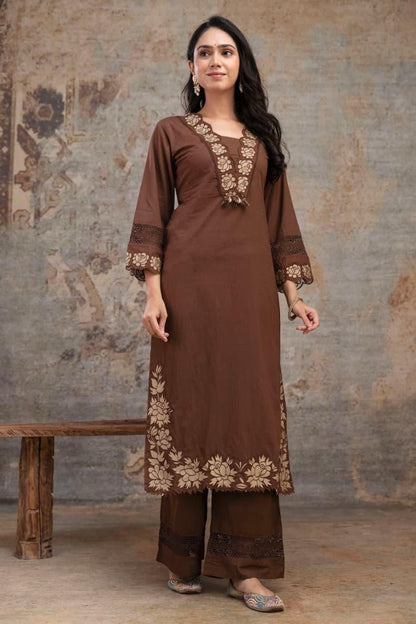Gaurangi Embroidered Cotton Kurti Pant Dupatta Set – Thread & Lace Brown