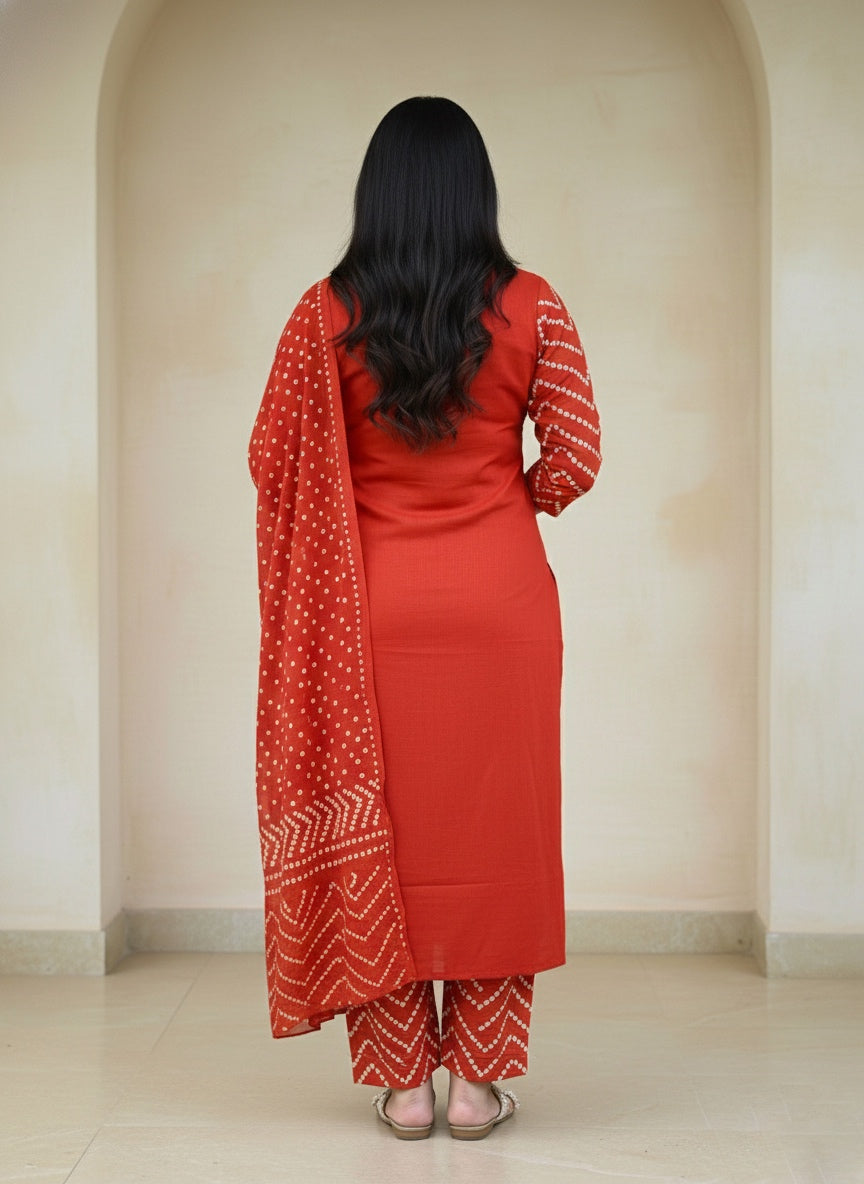 Amayra Cotton Kurta Embroidery Work Kurti Pant And Dupatta -Orange