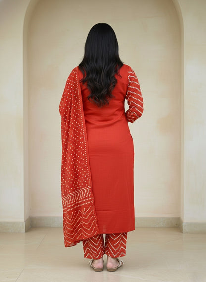Amayra Cotton Kurta Embroidery Work Kurti Pant And Dupatta -Orange