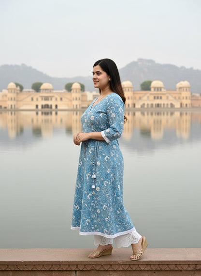 Airy cotton anarkali kurti for women blue