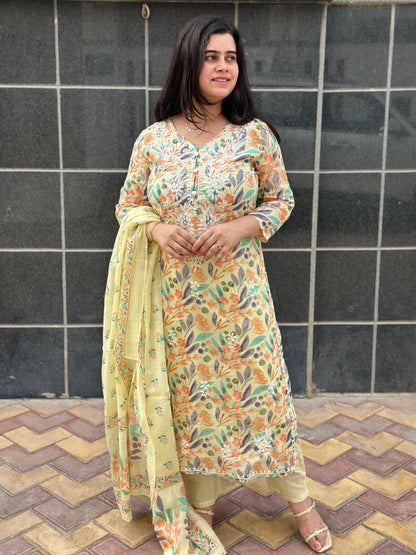 Gulmohar Mulmul Cotton kurta Set with pant & dupatta