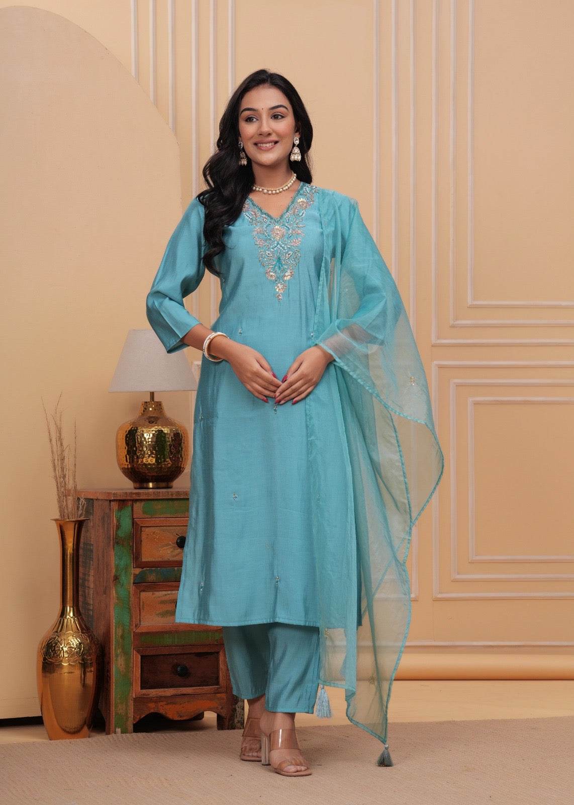 Modal Silk suit with organza dupatta - Vijay Laxmi