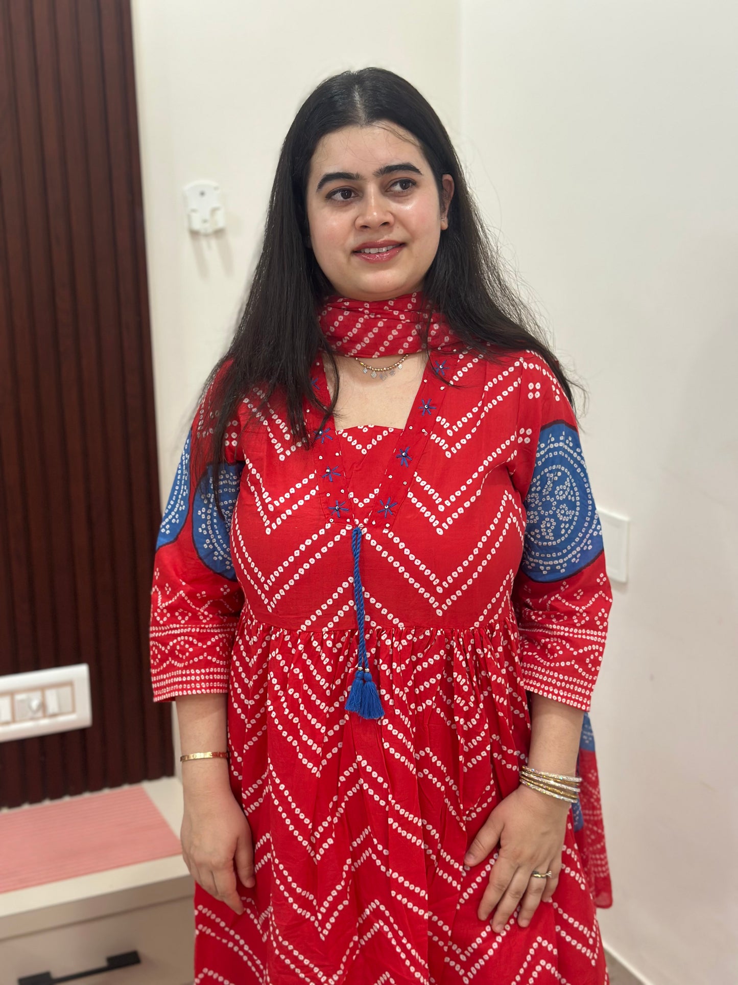 Gulzar Bandhani Anarkali Cotton kurta Set with dupatta red