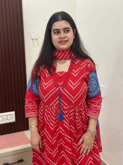 Gulzar Bandhani Anarkali Cotton kurta Set with dupatta red