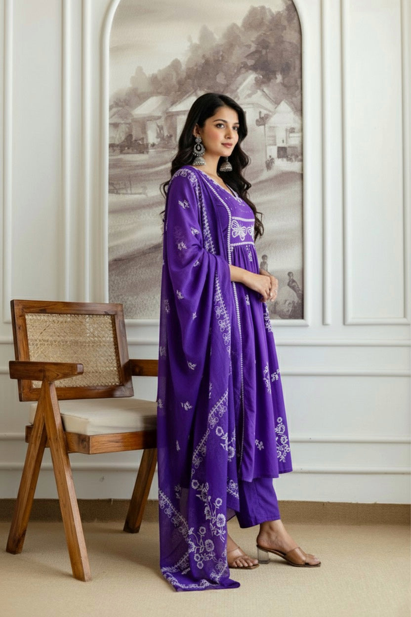 Floral Cotton Kurti Pant Dupatta Set – Thread & Lace Purple