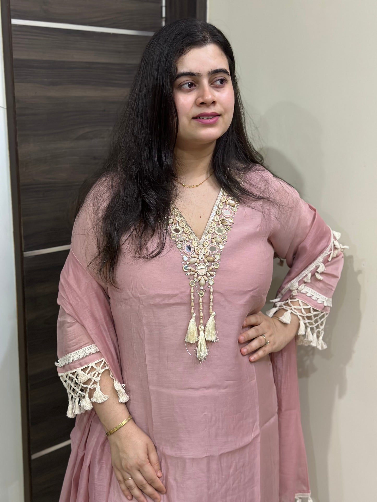 Anami festive Mul chanderi kurta set with silk dupatta pink
