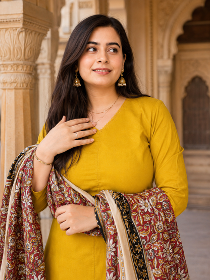 Gulzar Yellow Kurta set with pant & kalamkari dupatta