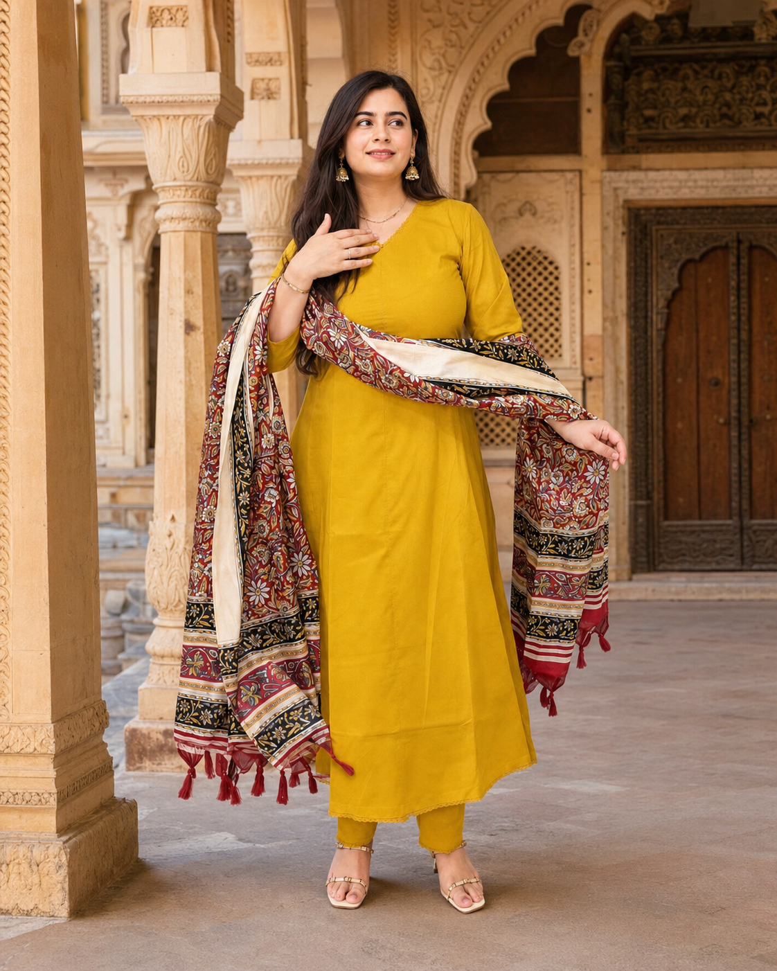 Gulzar Yellow Kurta set with pant & kalamkari dupatta