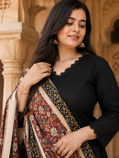 Gulzar Black Kurta set with pant & kalamkari dupatta