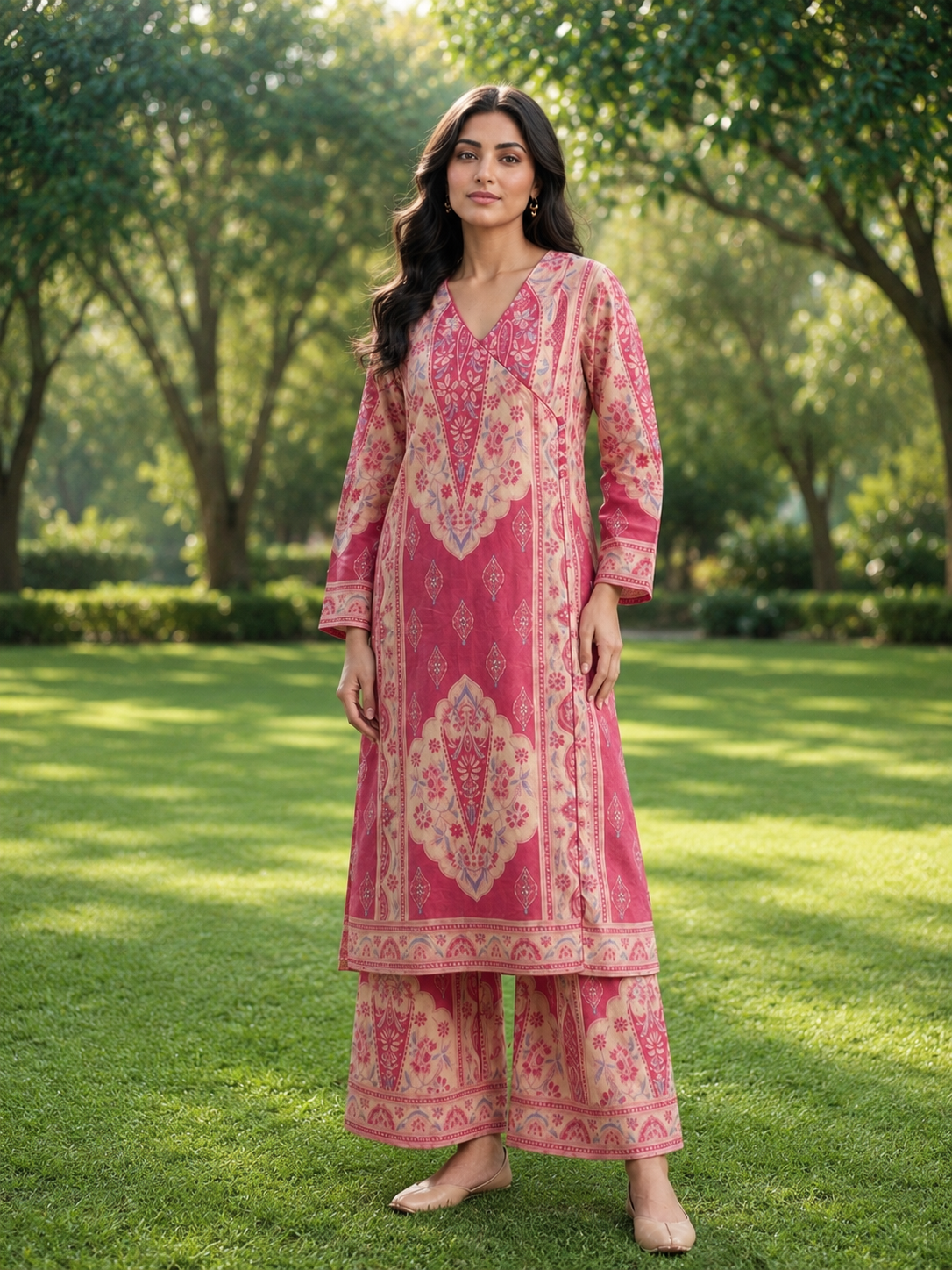 Angrakha kalamkari cotton Kurta & Pant Pink