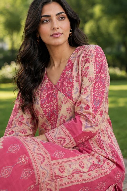 Angrakha kalamkari cotton Kurta & Pant Pink