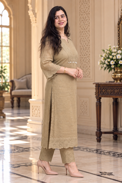 Mehar premium chikankari cotton Kurta & Pant with cotton lining Brown