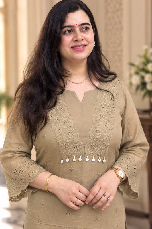 Mehar premium chikankari cotton Kurta & Pant with cotton lining Brown