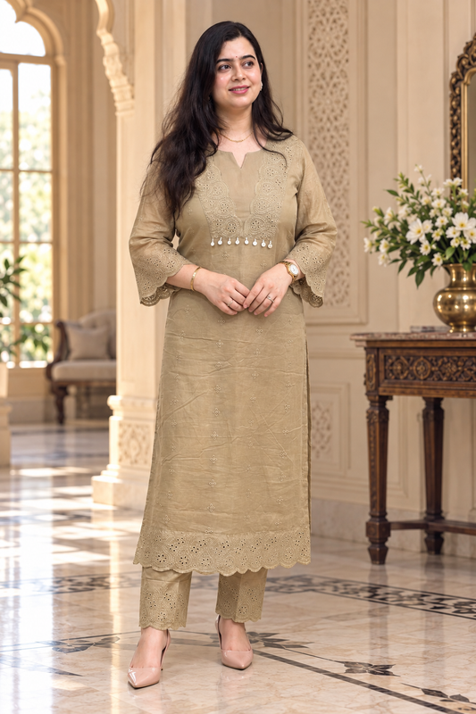 Mehar premium chikankari cotton Kurta & Pant with cotton lining Brown