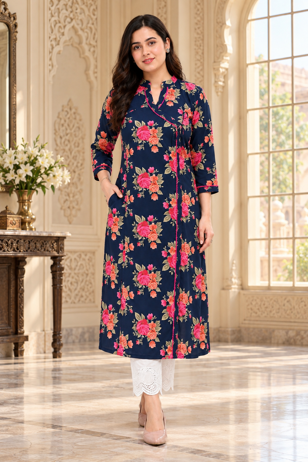 Gulmohar angrakha Cotton kurti for women blue