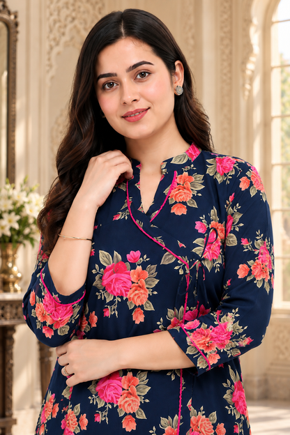 Gulmohar angrakha Cotton kurti for women blue