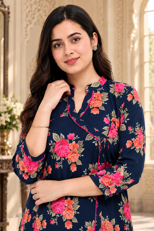 Gulmohar angrakha Cotton kurti for women blue