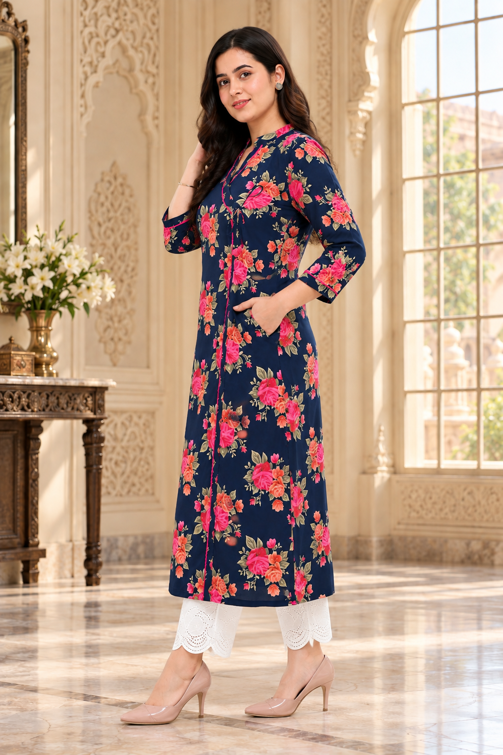 Gulmohar angrakha Cotton kurti for women blue