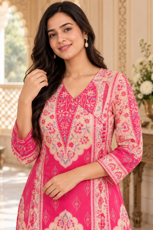 Gulmohar angrakha Cotton kurti for women pink