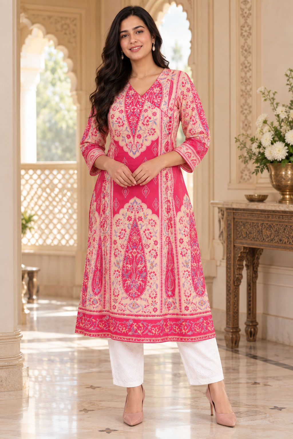 Gulmohar angrakha Cotton kurti for women pink