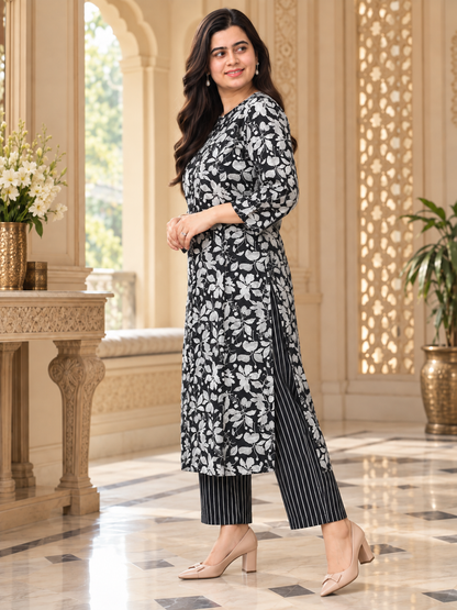 Gulzar kalamkari cotton suit set black