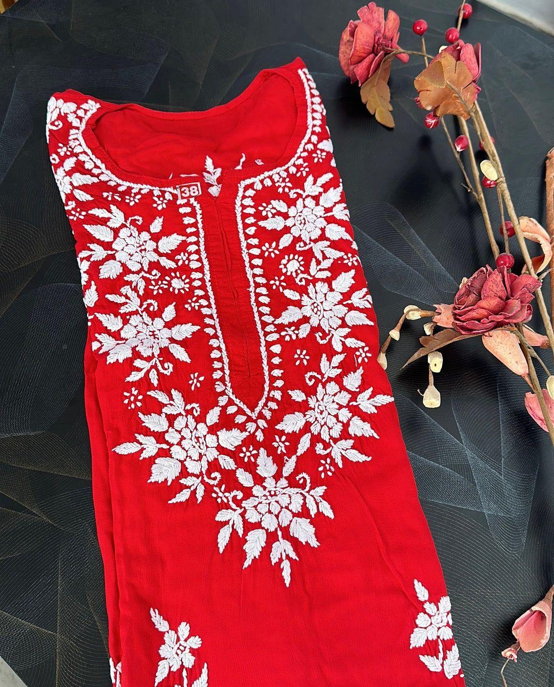 Chikankari Modal Kurti red - Vijay Laxmi