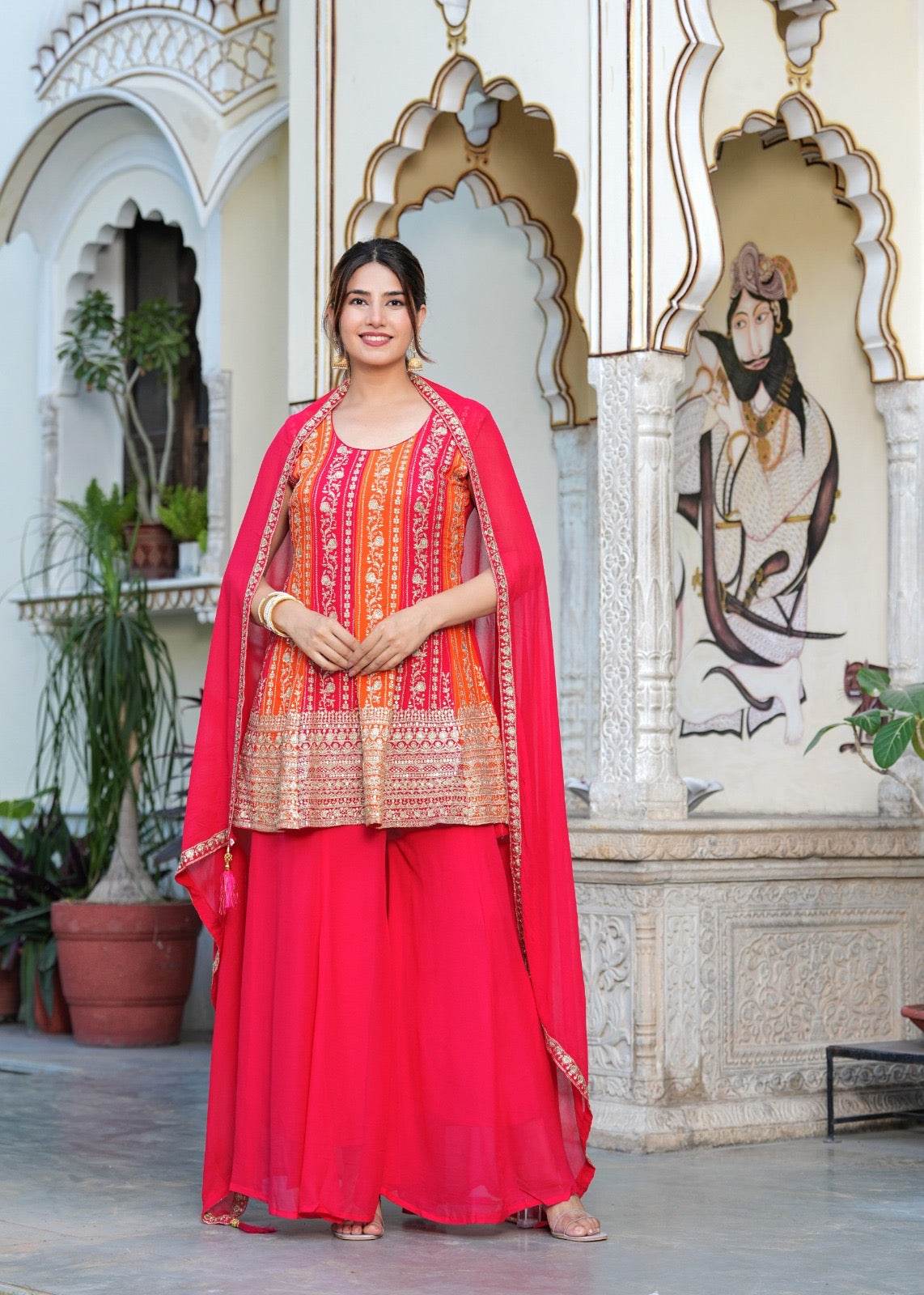 Dola Silk Peplum Suit with Sharara - Vijay Laxmi