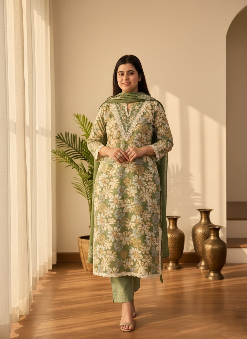 Luxury Floral Cotton Embroidery Suit Set