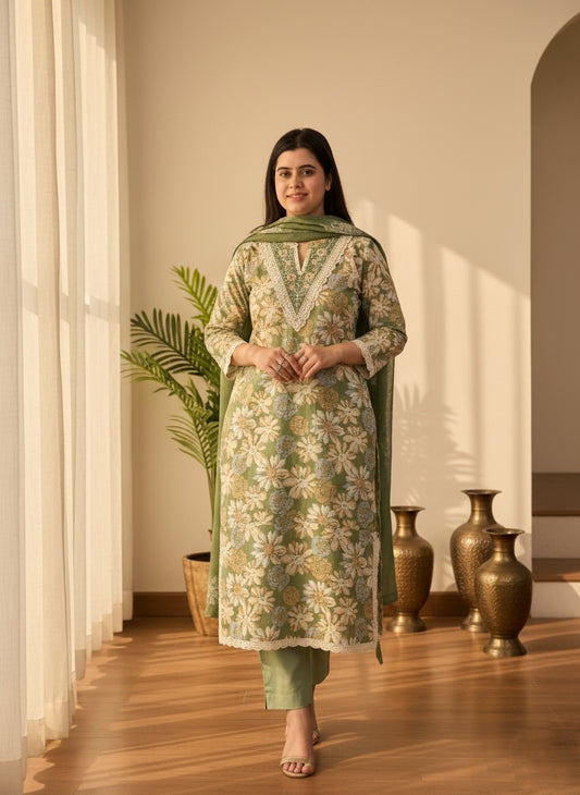 Luxury Floral Cotton Embroidery Suit Set