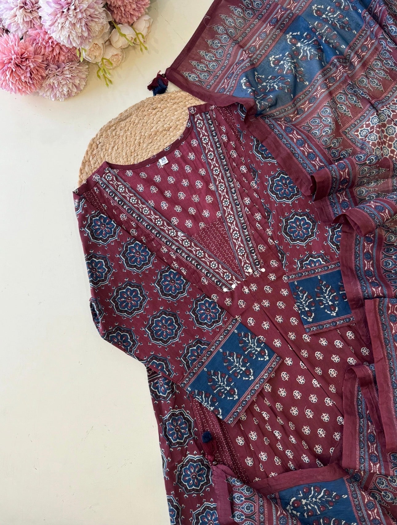 Mehar Anarkali Cotton Kurti Pant Dupatta Set – Thread & Lace Work (Only Pre-booking)