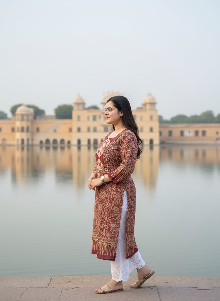 Airy Bagru Cotton Kurti for women rust