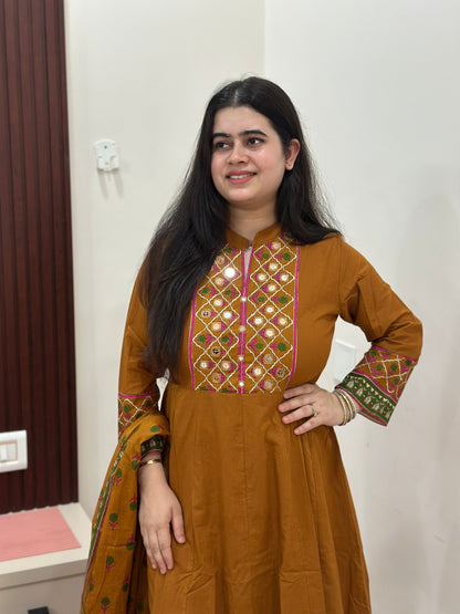 Gulzar Anarkali Cotton kurta Set with dupatta mustard