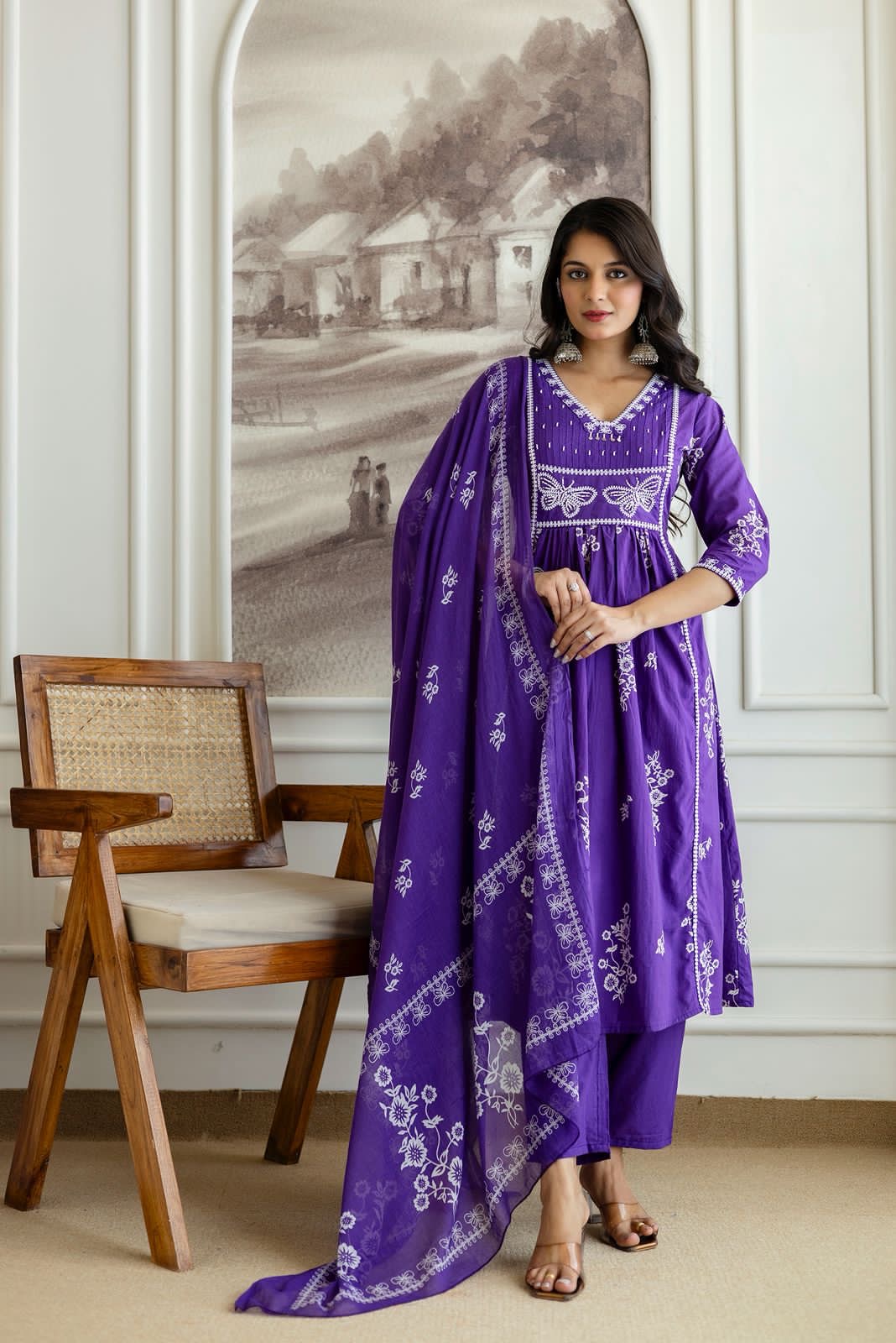 Floral Cotton Kurti Pant Dupatta Set – Thread & Lace Purple