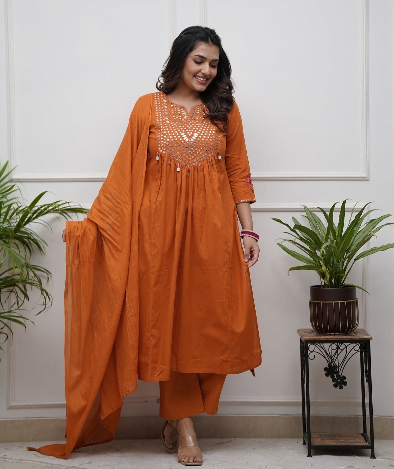 Orange Cotton Kurti Pant Dupatta Set – Threadwork & Mirror Work