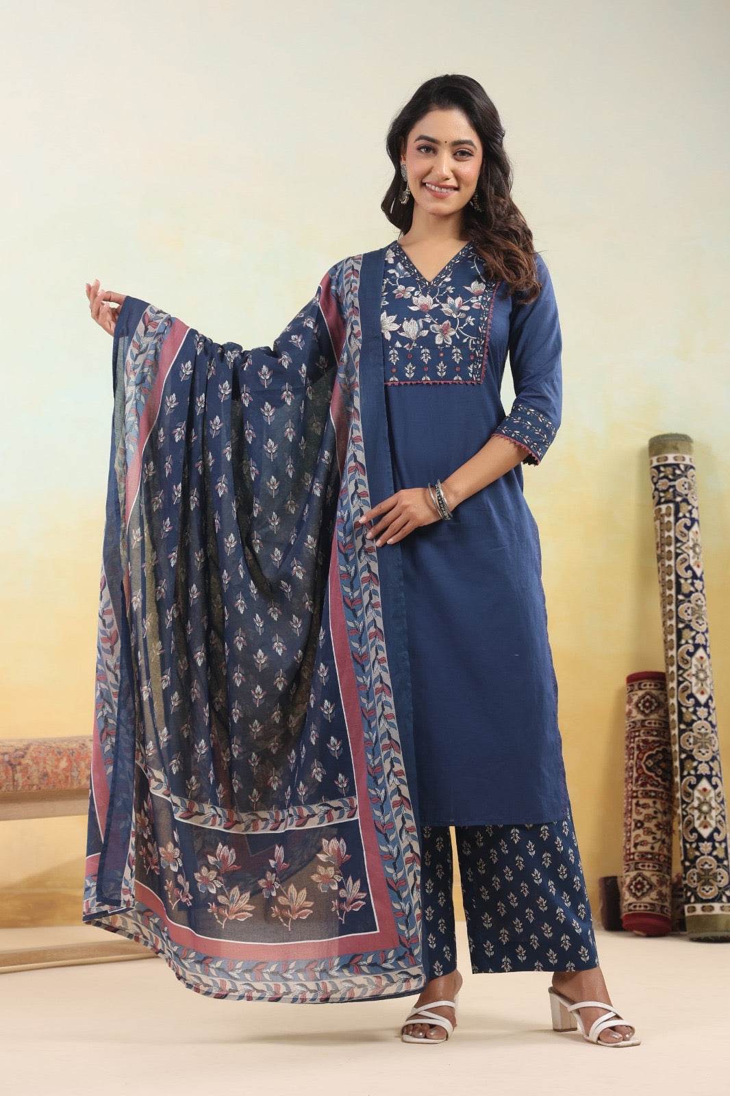Ajrakh Printed Cotton Suit For Women - Vijay Laxmi