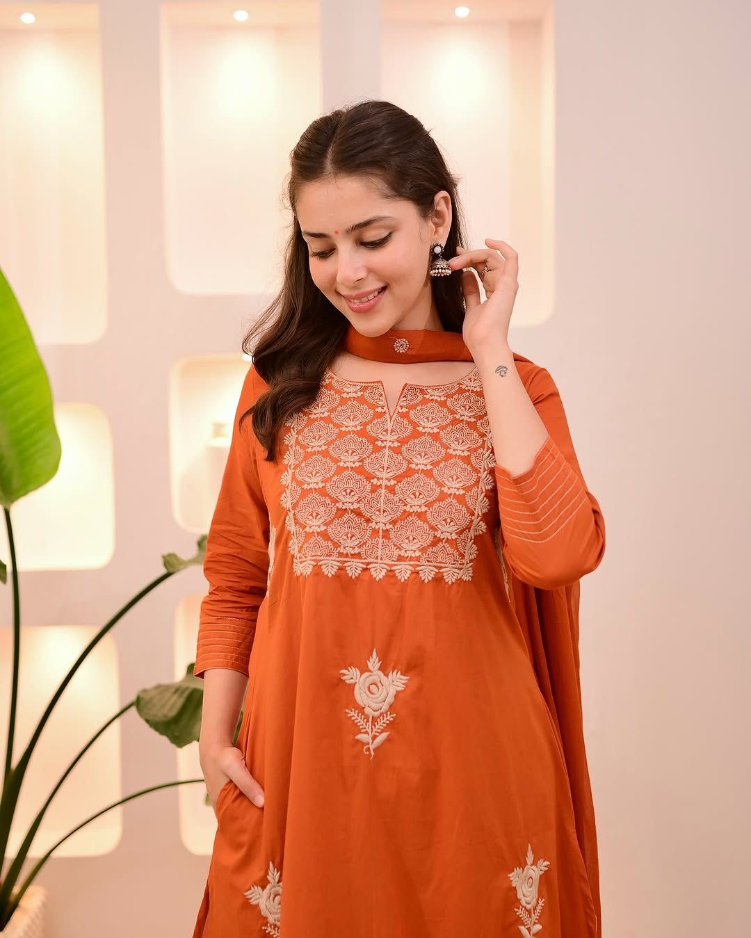 Amayra Cotton Kurta Embroidery Work Kurti Pant And Dupatta - Orange