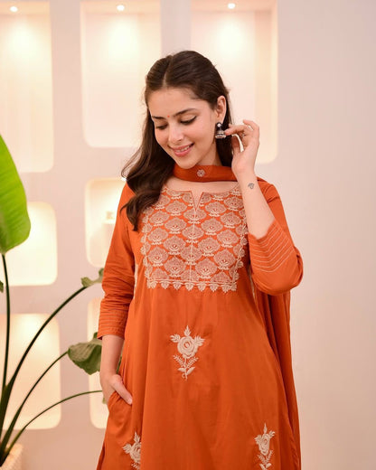 Amayra Cotton Kurta Embroidery Work Kurti Pant And Dupatta - Orange
