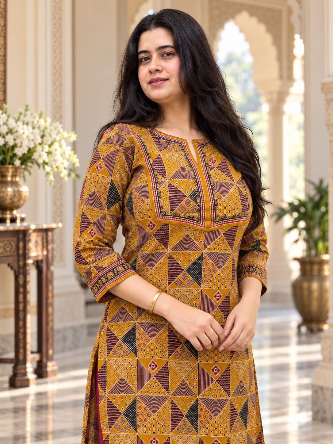 Madhubani Cotton kurta set for women mustard