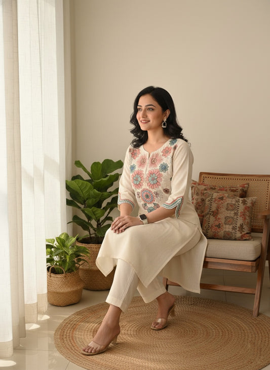 Off White Embroidered Cotton Flex Kurta Set