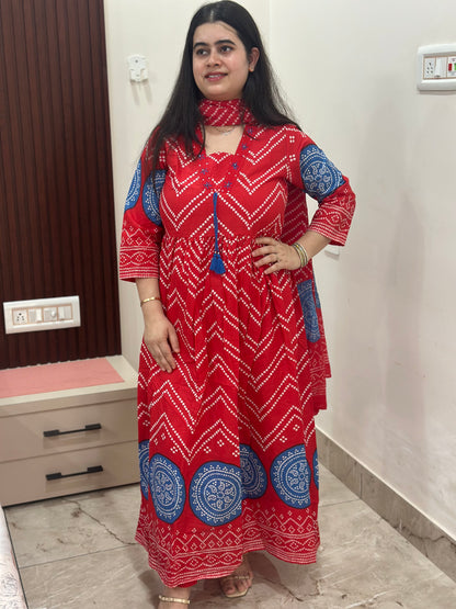 Gulzar Bandhani Anarkali Cotton kurta Set with dupatta red