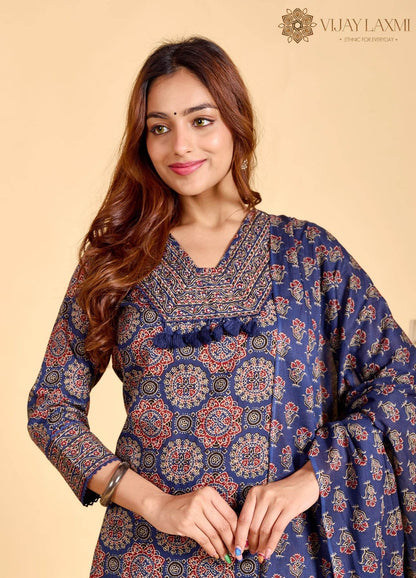 Ajrakh Printed Cotton Suit For Women - Vijay Laxmi
